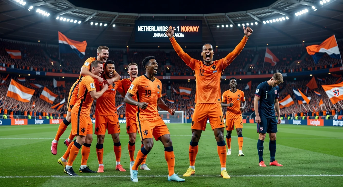Netherlands players Virgil van Dijk and Tijjani Reijnders celebrate 2-1 friendly win over Norway at Amsterdam's Johan Cruyff Arena.