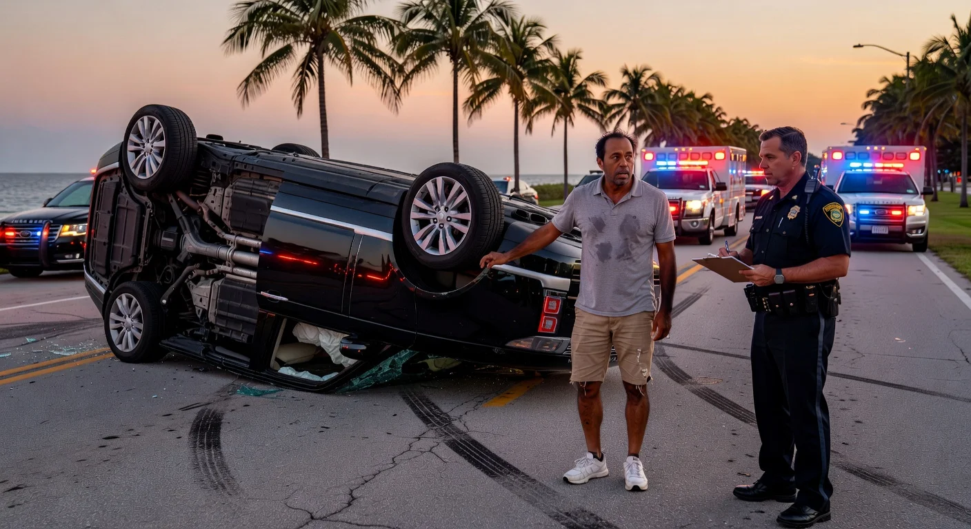 Illustration depicting Tiger Woods' rollover crash and DUI arrest scene in Jupiter Island, Florida.