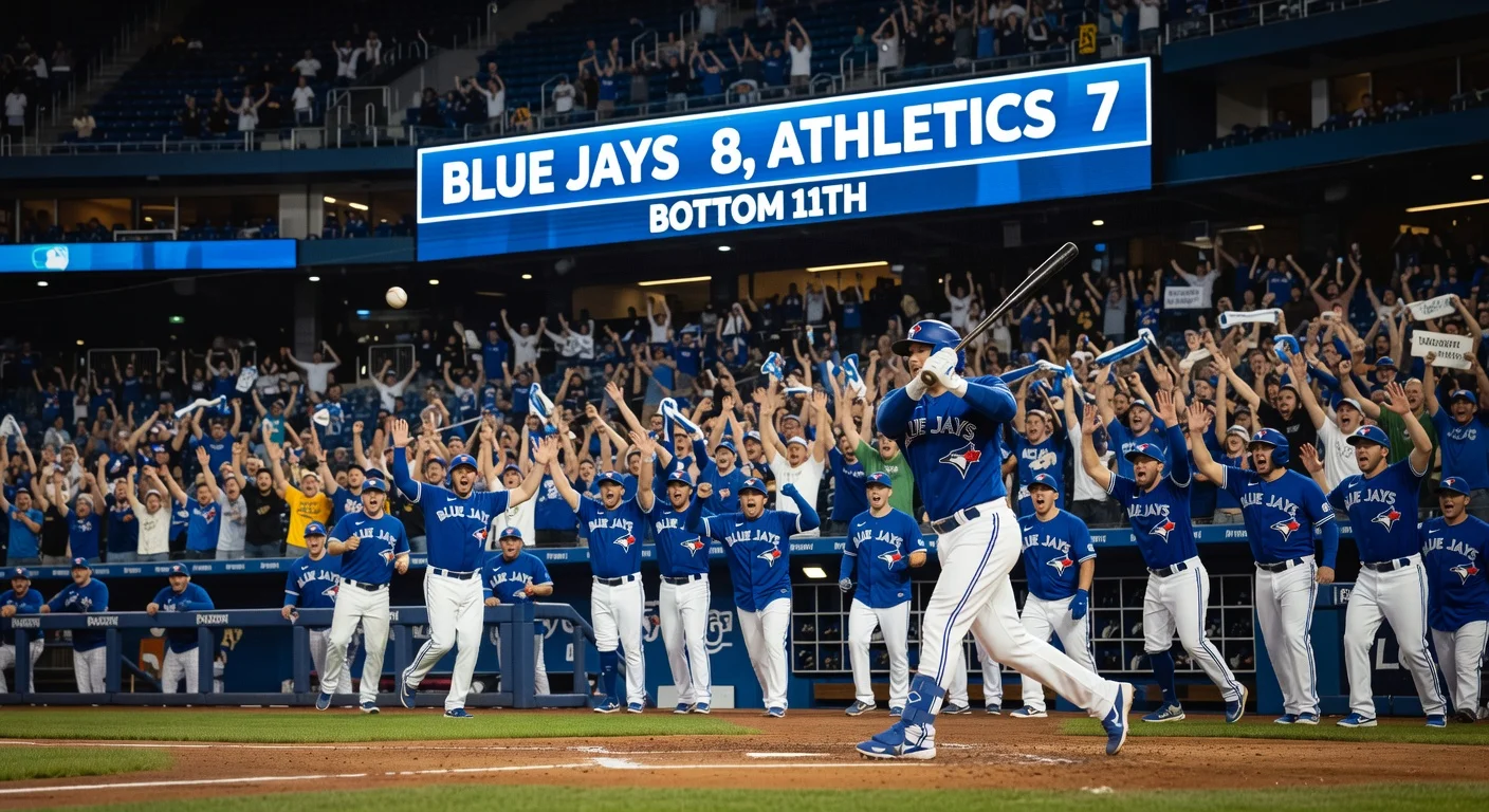 Toronto Blue Jays' Ernie Clement hits walk-off line drive for 8-7 win over Oakland Athletics in 11 innings.