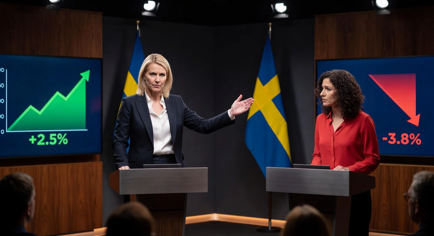 Center Party leader Elisabeth Thand Ringqvist rejects Left Party collaboration during SVT Agenda debate, gesturing 'no' in TV studio.