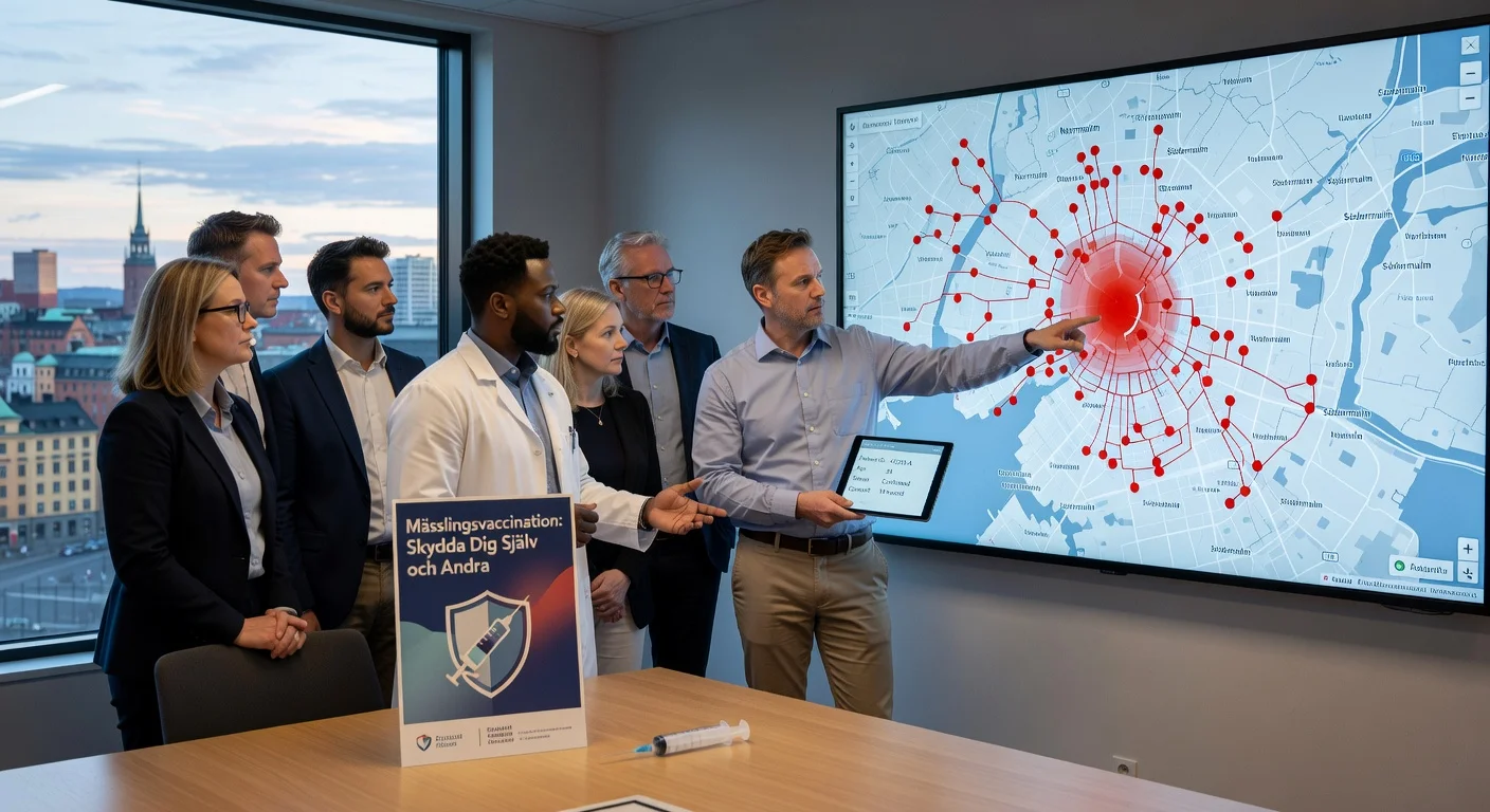 Illustration of public health officials in Stockholm conducting contact tracing for a confirmed measles case amid high vaccination awareness.