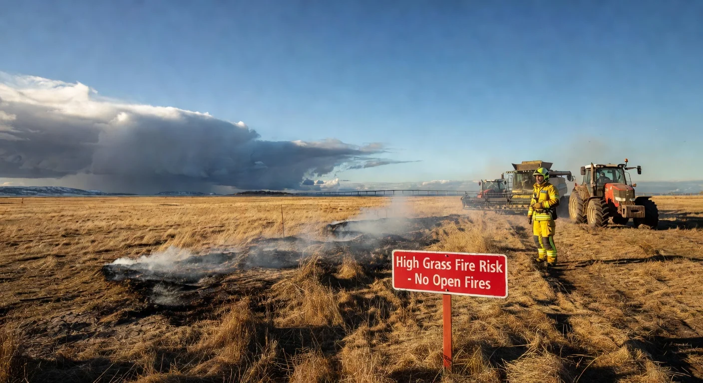 Illustration of high grass fire risk on Sweden's east coast with dry fields, smoke, warning signs, and approaching snow clouds.
