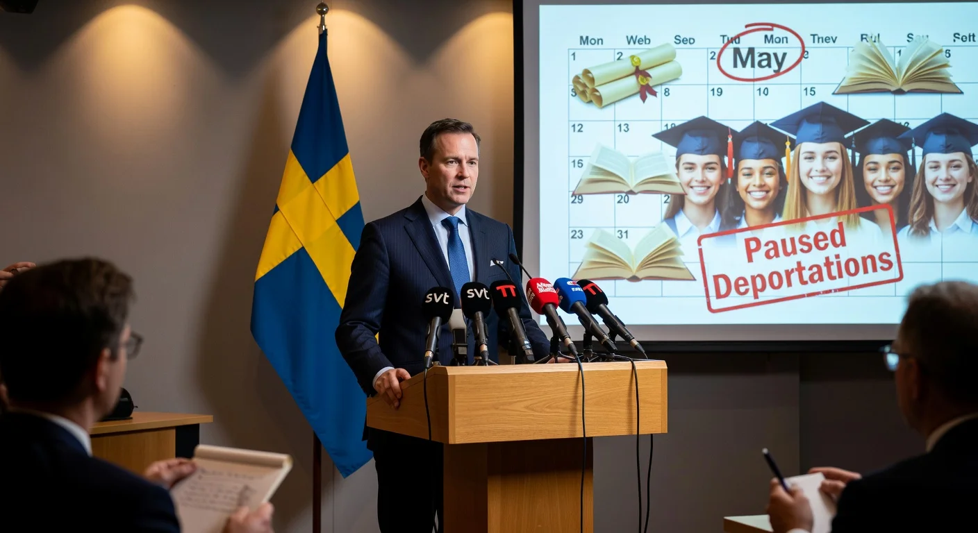 Swedish Migration Minister Johan Forssell at press conference announcing teenage deportation proposal allowing high school completion.