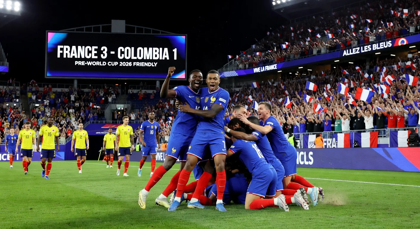 France players Désiré Doué and Marcus Thuram celebrate 3-1 win over Colombia in World Cup warm-up friendly.