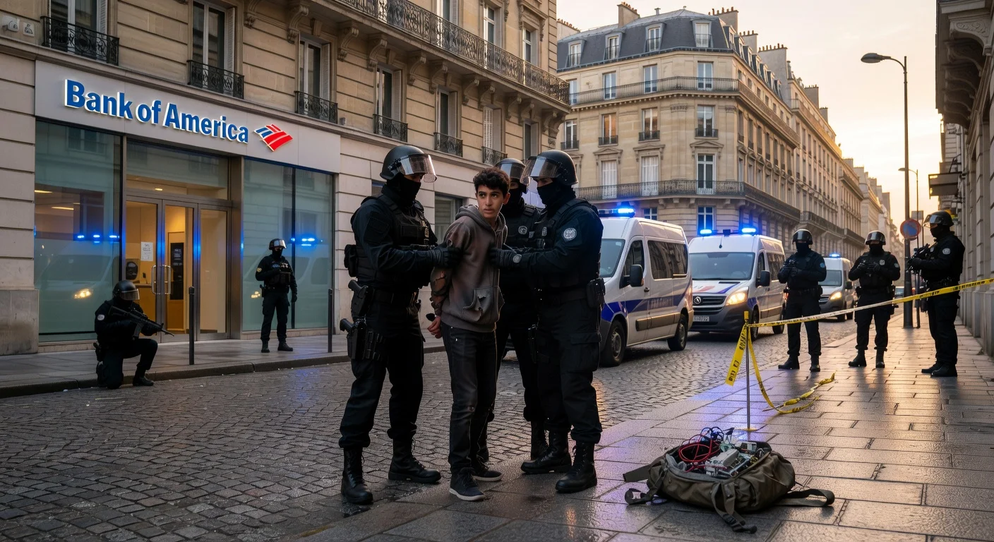 French police arrest teen bomb plot suspect outside Bank of America in Paris.