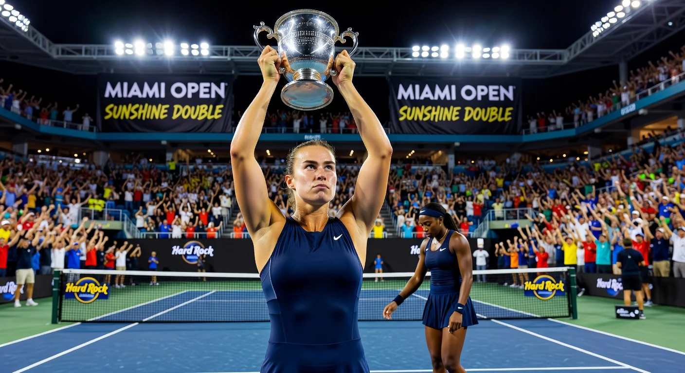 Aryna Sabalenka celebrates defending her Miami Open title after defeating Coco Gauff in a tense three-set final at Hard Rock Stadium.