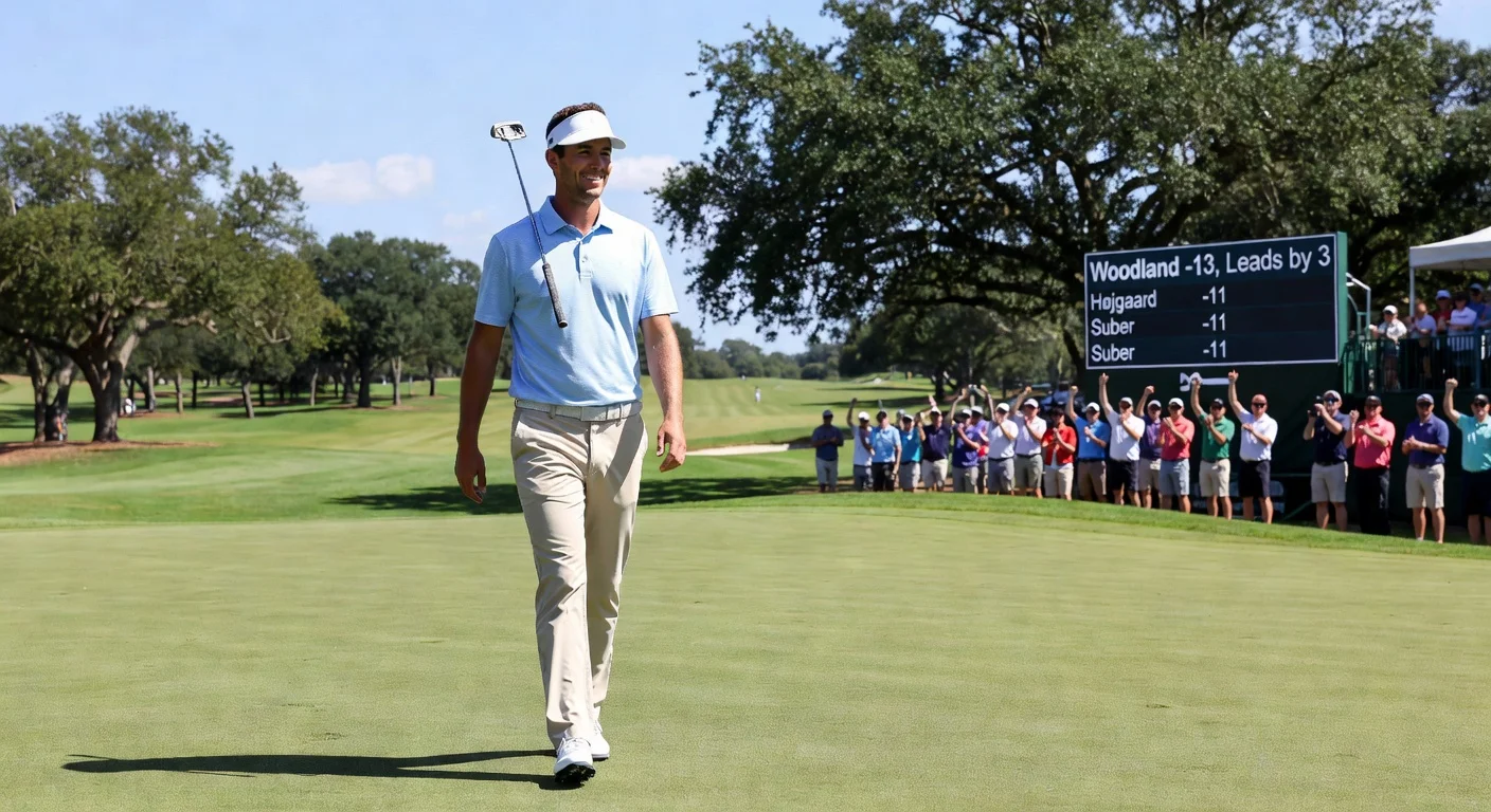 Gary Woodland leads Texas Children’s Houston Open by three shots at 13-under par, walking triumphantly on the course at Memorial Park Golf Course.