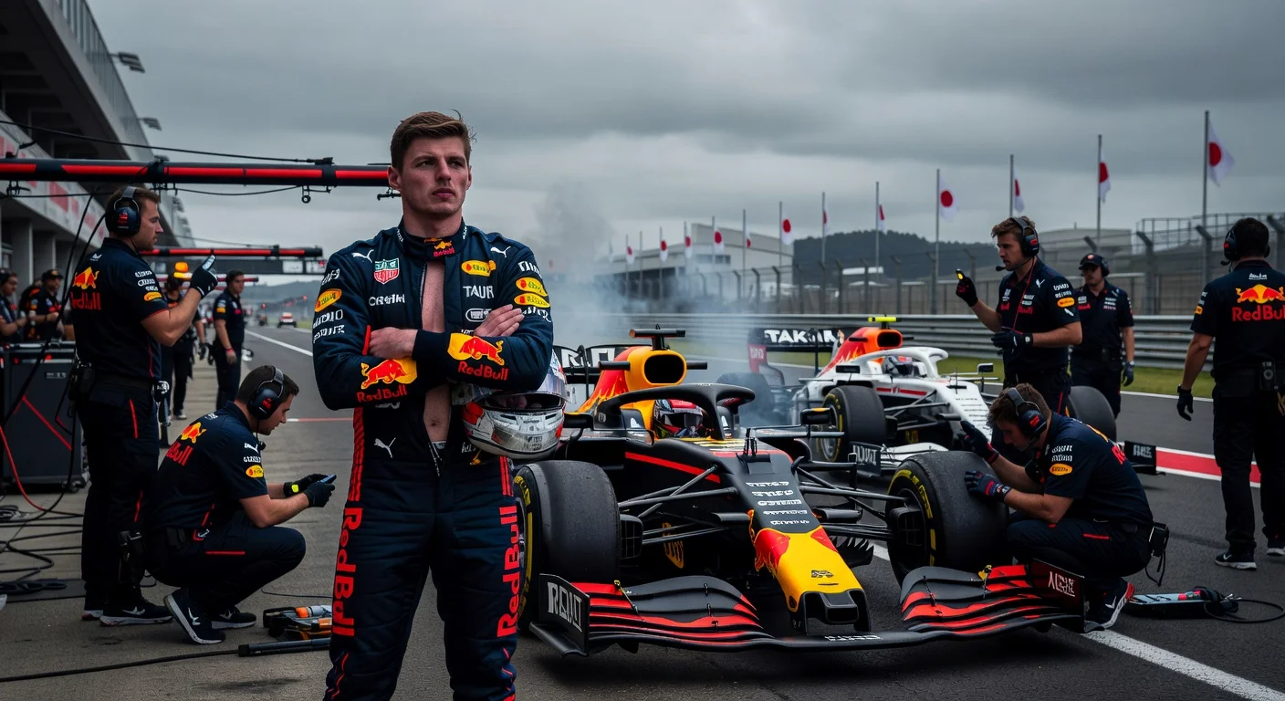 Max Verstappen dejected beside troubled Red Bull car after early exit in Japanese GP qualifying.