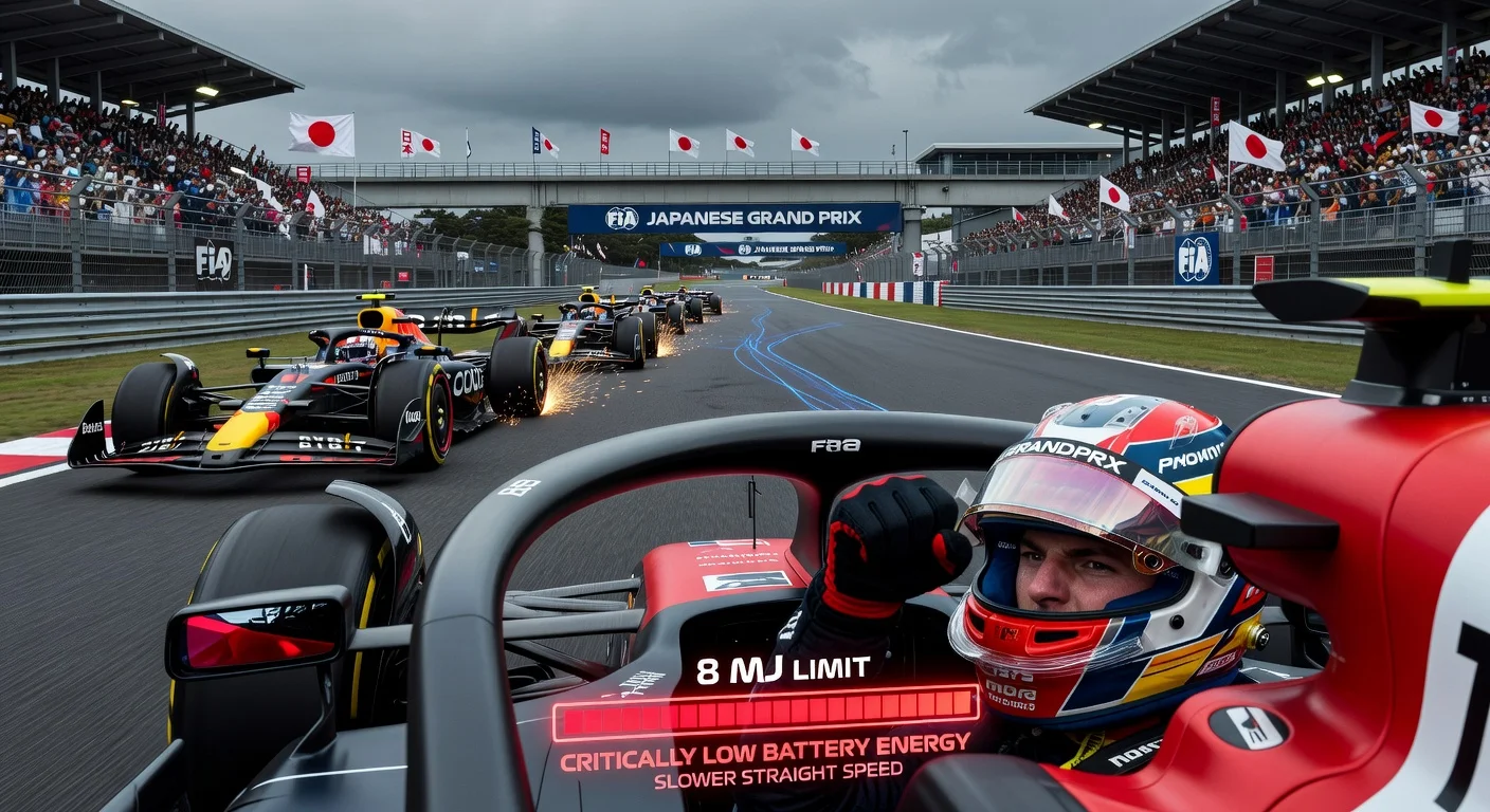 Frustrated F1 driver in Suzuka cockpit reacting to energy-saving qualifying rules at Japanese GP, with depleting battery visuals and track action.