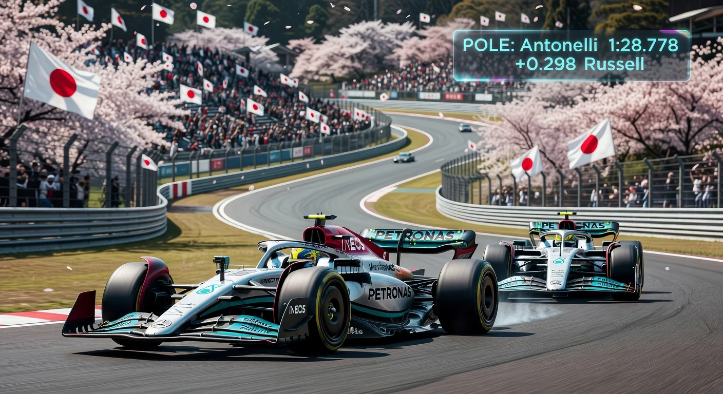 Kimi Antonelli celebrates Mercedes 1-2 pole lockout at 2026 Japanese GP, Suzuka circuit.