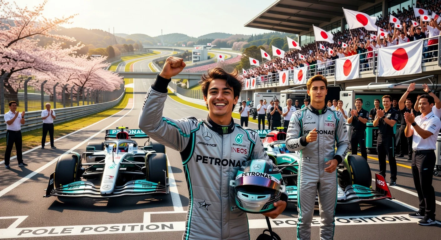 Kimi Antonelli celebrates pole position for Mercedes at Japanese GP in Suzuka, ahead of teammate George Russell.