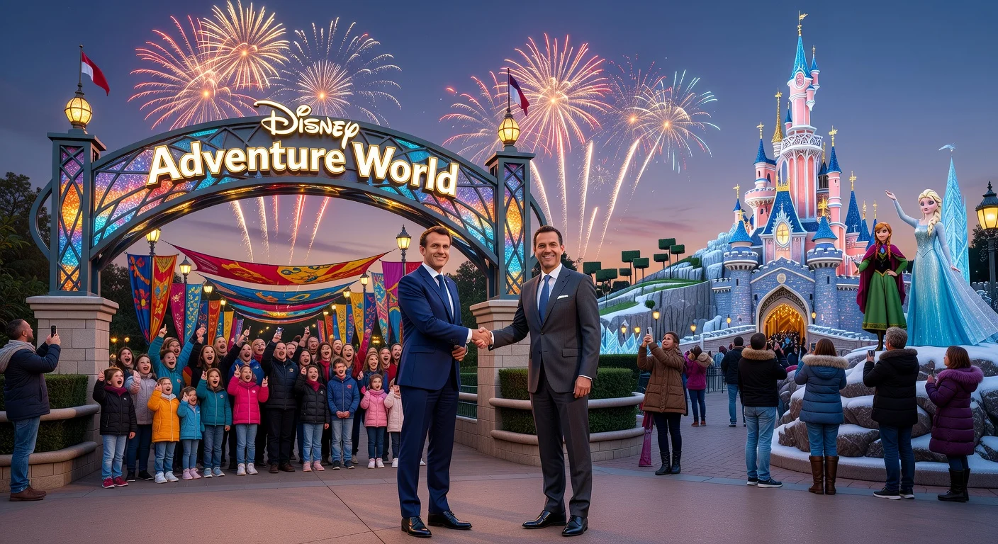Photorealistic illustration depicting the reopening of Disney Adventure World at Disneyland Paris, featuring French President Macron and Disney CEO D’Amaro at the new entrance with crowds and World of Frozen.