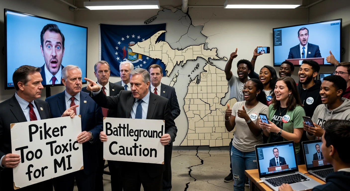 Split-scene illustration of Michigan Democrats divided over Abdul El-Sayed's event with Hasan Piker: critics on left, young supporters on right.