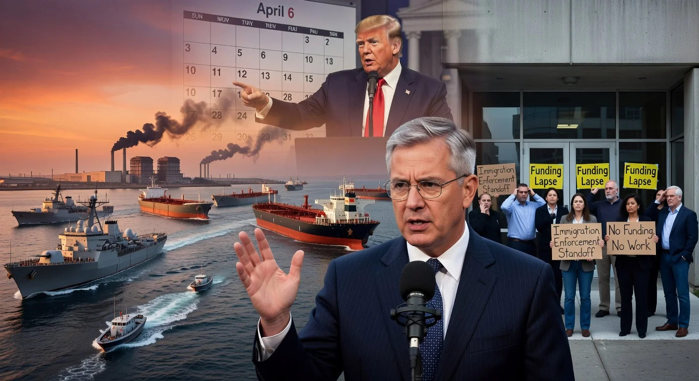 Split-scene illustration of Rep. Adam Smith warning on prolonged Iran conflict costs and deepening DHS shutdown amid immigration fight.