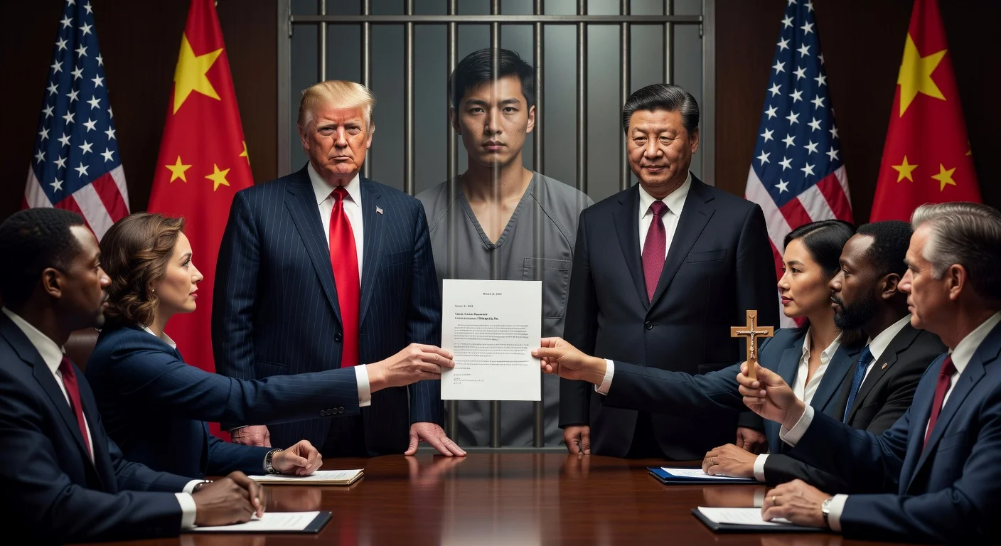 Illustration depicting Trump urged by bipartisan lawmakers to press Xi Jinping for the release of detained pastor Ezra Jin during their upcoming meeting.