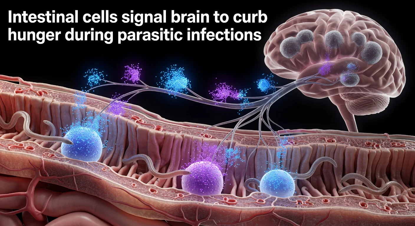 Scientific illustration showing intestinal tuft cells signaling the brain via acetylcholine, serotonin, and the vagus nerve to suppress appetite during parasitic infections.