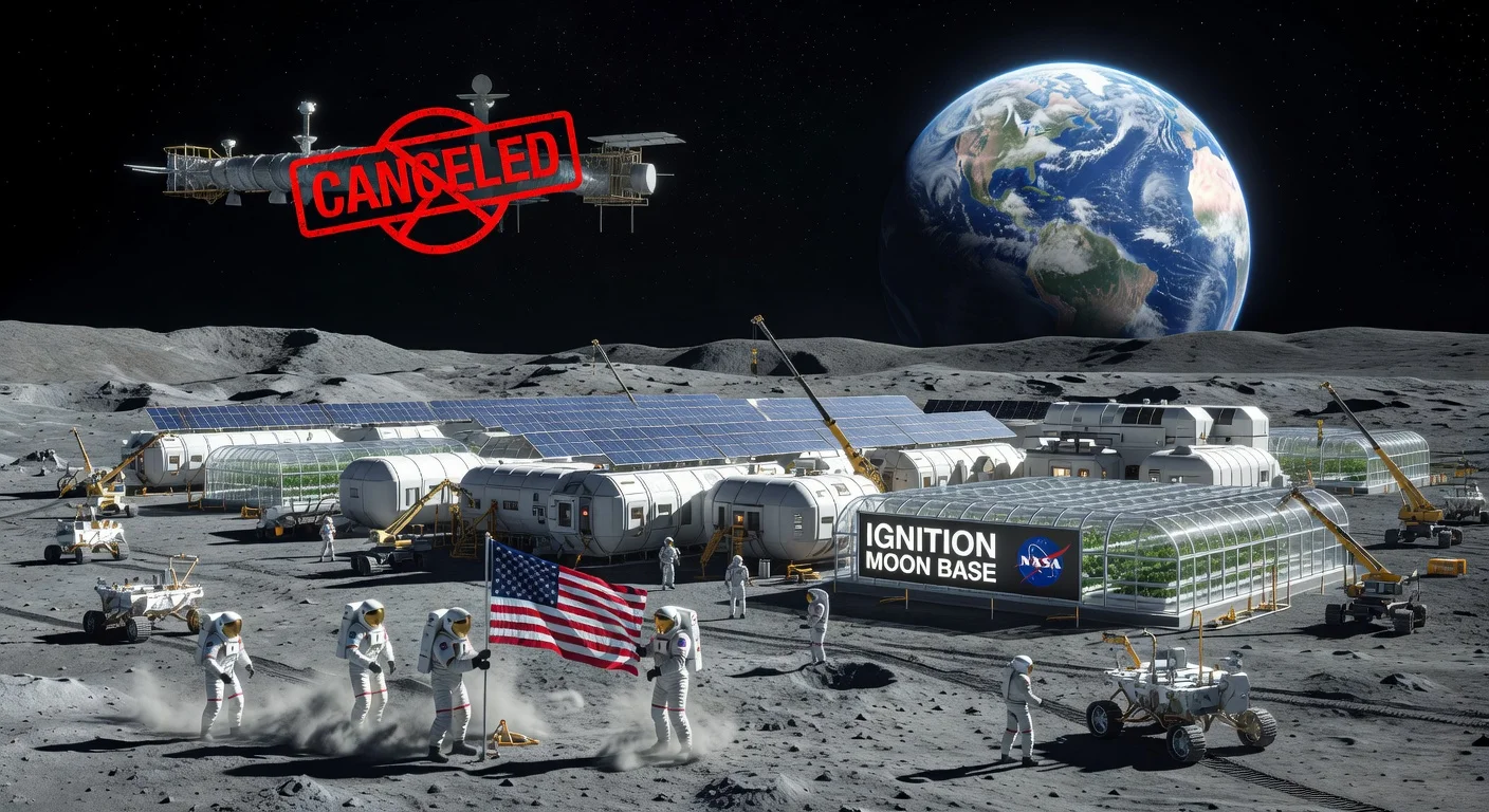 Conceptual illustration of NASA's $20B Ignition moon base on lunar surface, highlighting shift from canceled Lunar Gateway amid Artemis program.