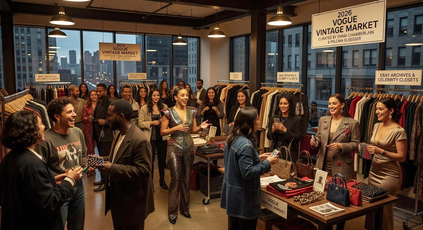 Doja Cat hosts a vibrant Vogue Vintage Market in New York, with crowds shopping archival fashion curated by celebrities Emma Chamberlain and Paloma Elsesser.