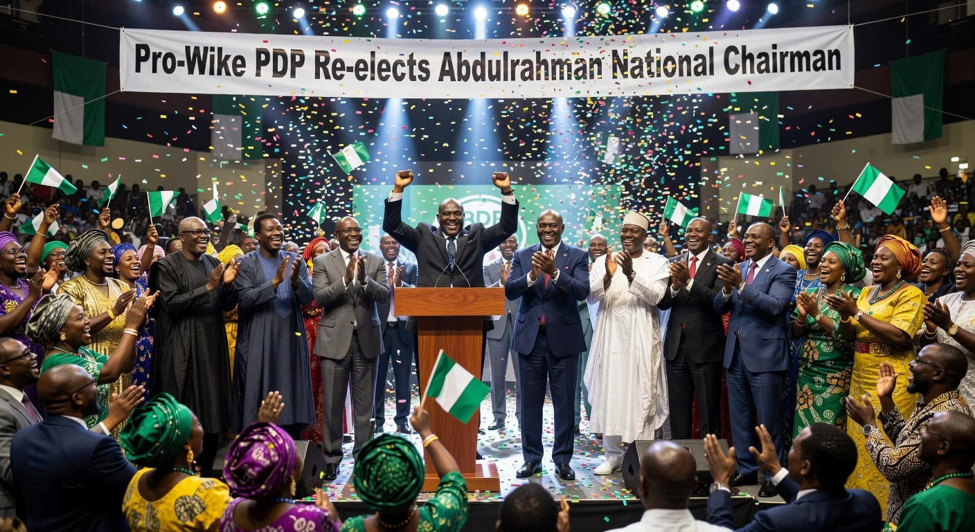 Illustration of PDP pro-Wike faction convention re-electing Abdulrahman Mohammed as chairman, with Wike and other leaders present.