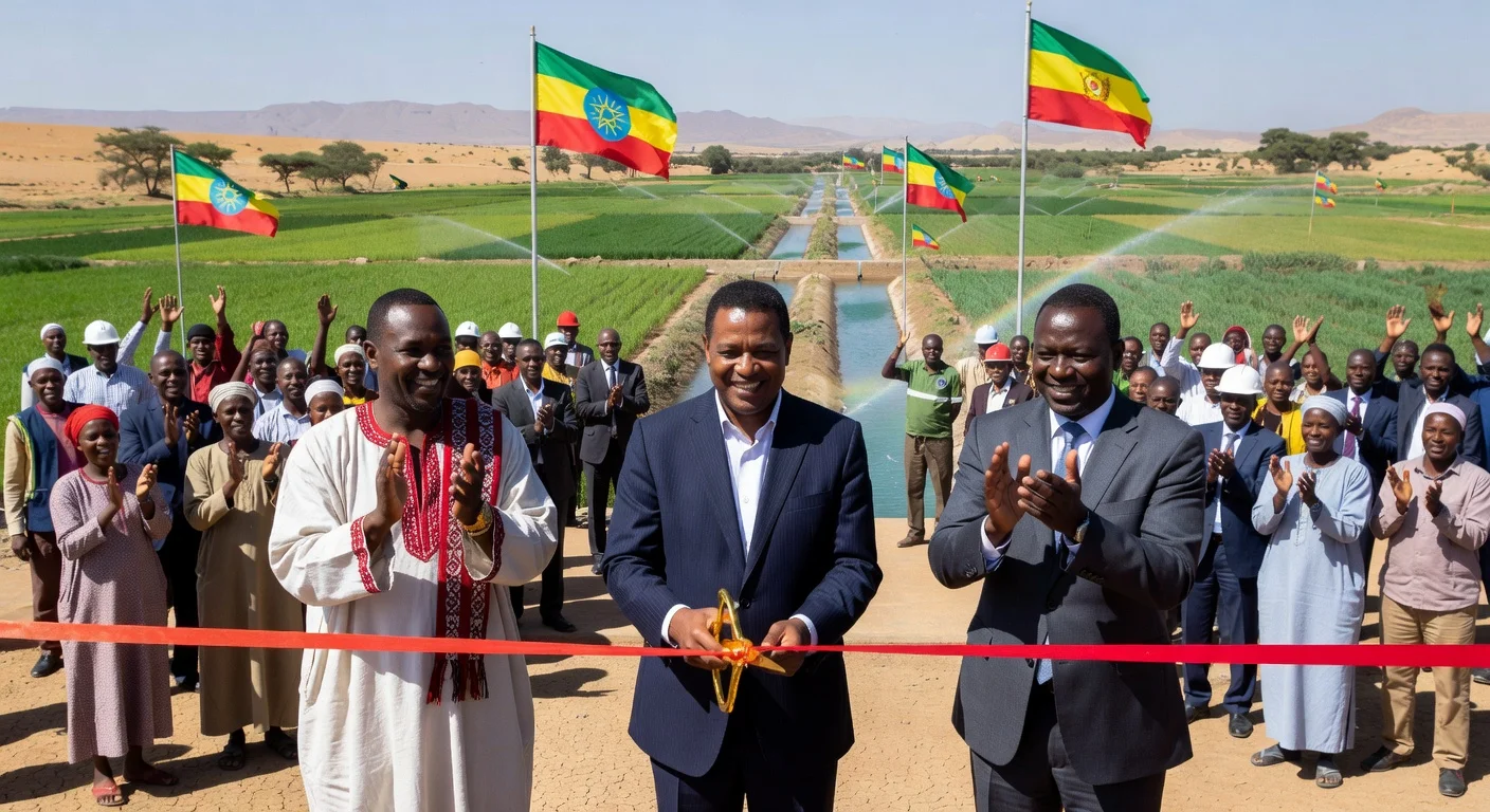 Deputy PM Temesgen Tiruneh cuts ribbon at Tendaho irrigation project inauguration with regional leaders, surrounded by green fields in Afar desert.