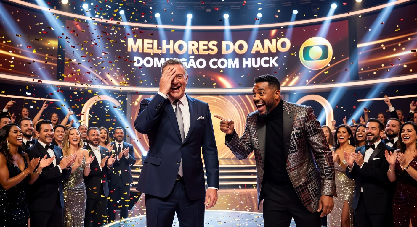 Luciano Huck and Paulo Vieira laughing during a funny gaffe at the Melhores do Ano award show.