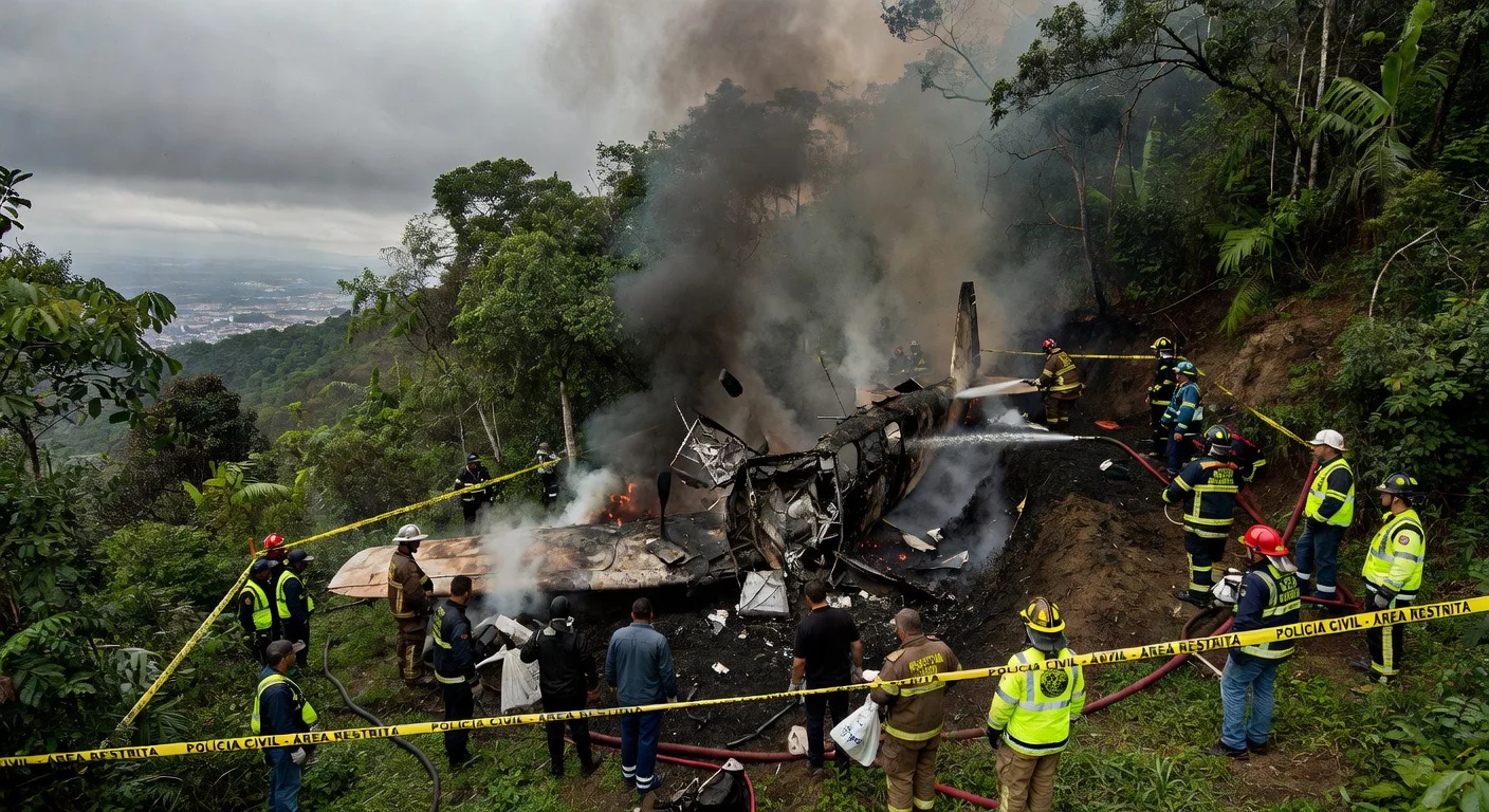 Charred wreckage of a small plane crashed into a forested hill in Rio Claro, Brazil, with emergency responders on site.