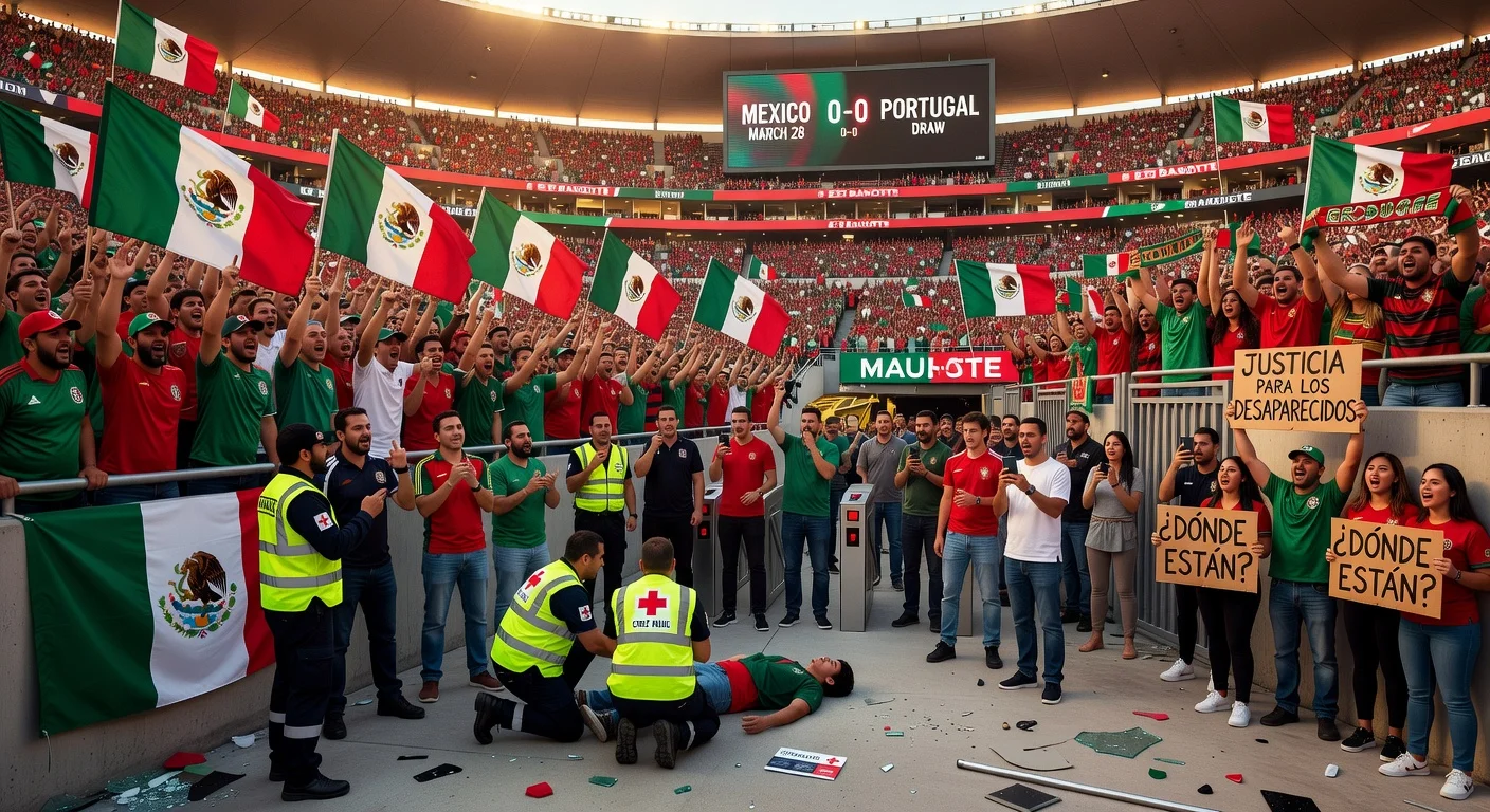 News illustration of Mexico-Portugal 0-0 draw at reopened Estadio Banorte, featuring fan tragedy, protests, and crowd issues.