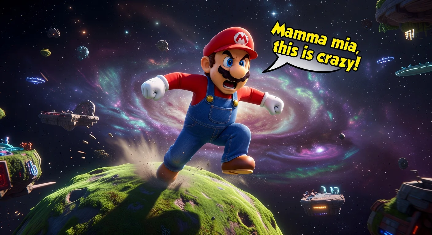 Chris Pratt portraying Mario exclaiming his Brooklyn-style 'Mamma mia!' in a cosmic Super Mario Galaxy scene.