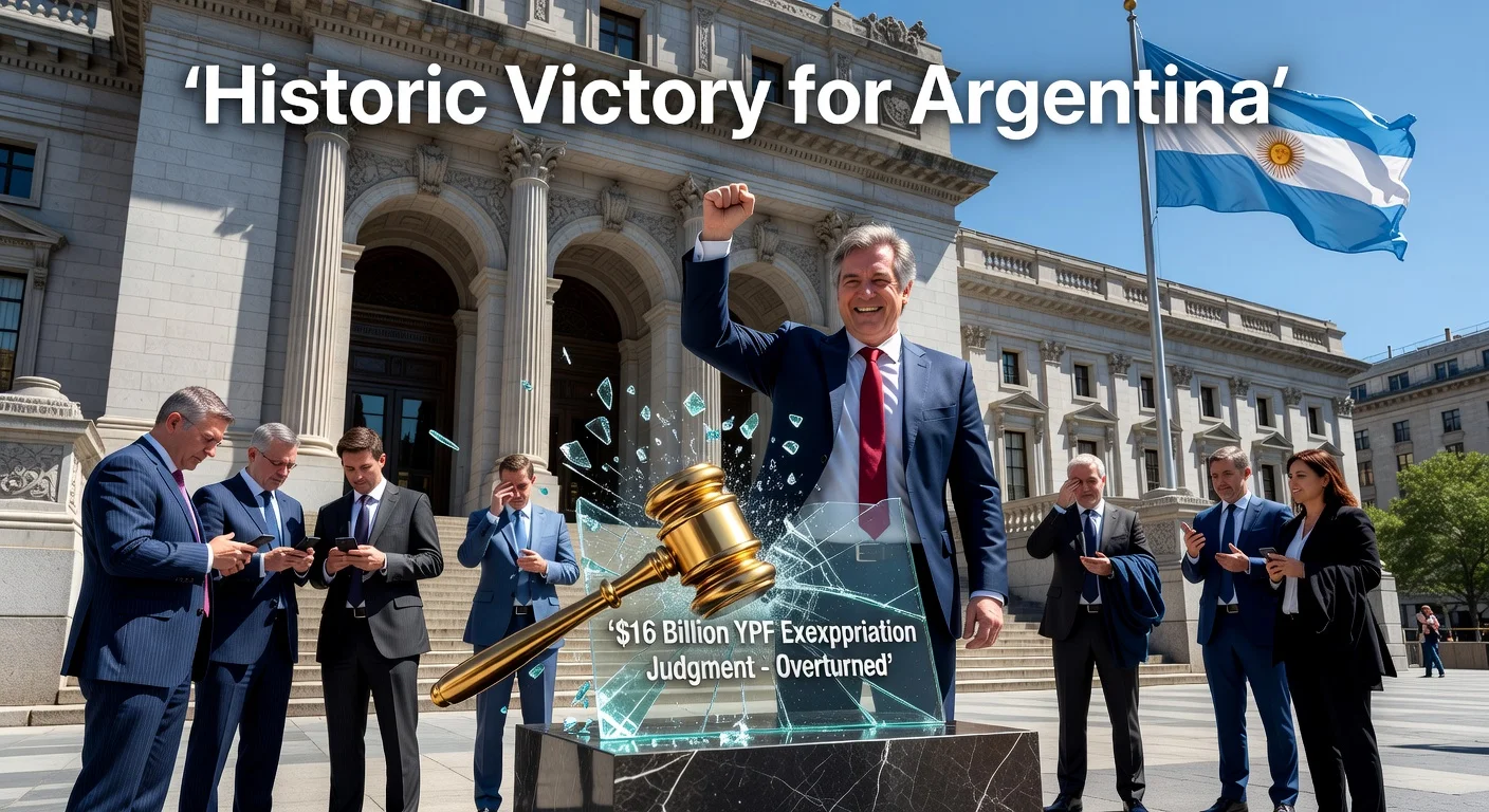 Illustration depicting New York appeals court overturning $16B YPF expropriation ruling, with President Milei celebrating Argentina's victory.