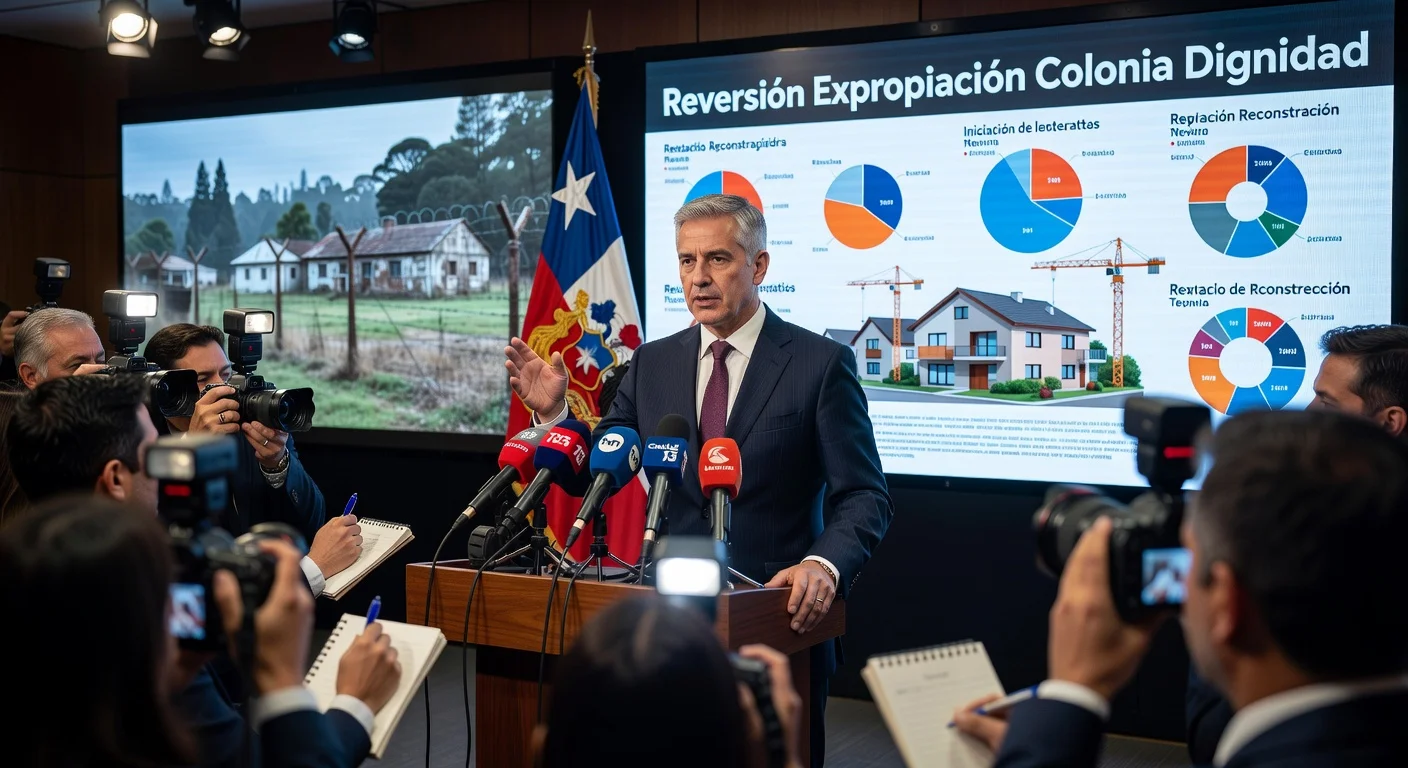 Housing Minister Iván Poduje announces reversal of Colonia Dignidad expropriation at press conference, highlighting budget priorities amid human rights controversy.