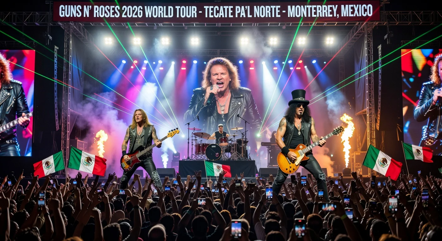Guns N’ Roses debuts 2026 world tour at Tecate Pa’l Norte festival in Monterrey, performing to 100,000 cheering fans.