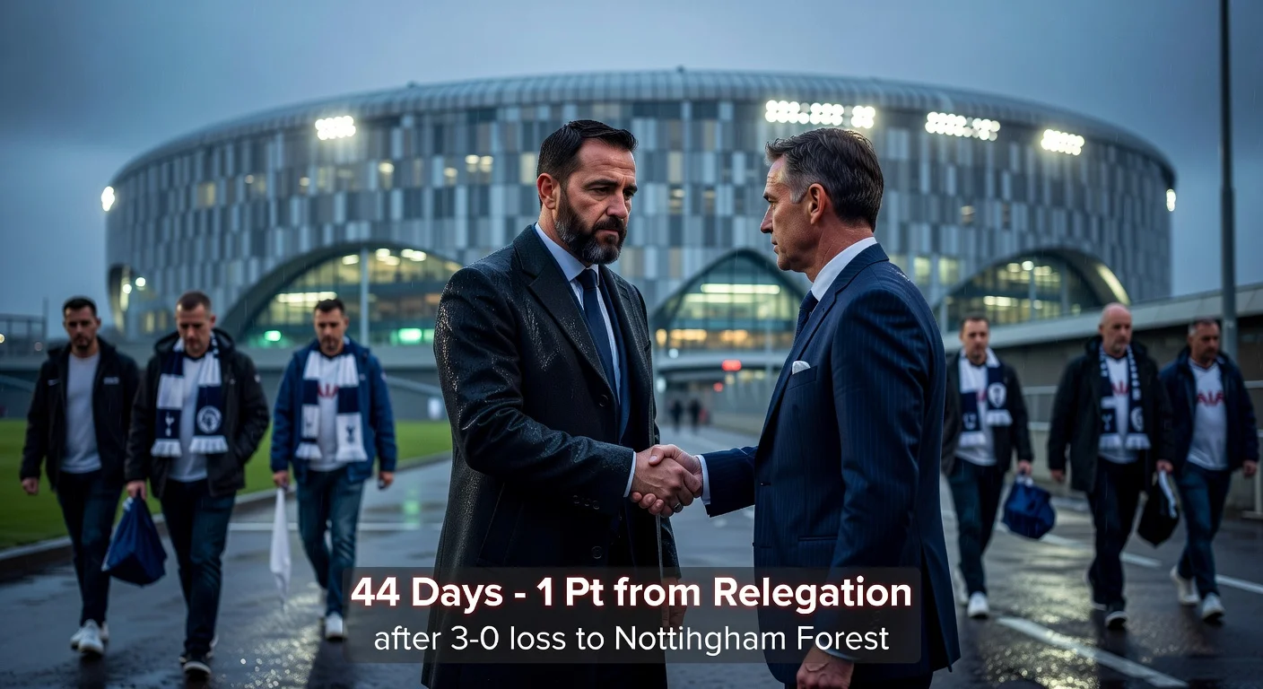 Igor Tudor shakes hands with Tottenham official outside the stadium after 44 days as interim coach amid sacking and relegation fears.