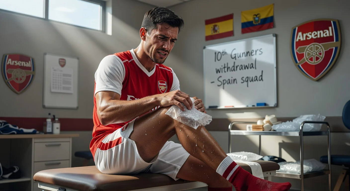 Arsenal's Martin Zubimendi holds his right knee in pain on a treatment table after withdrawing from Spain duty as the 10th player sidelined.