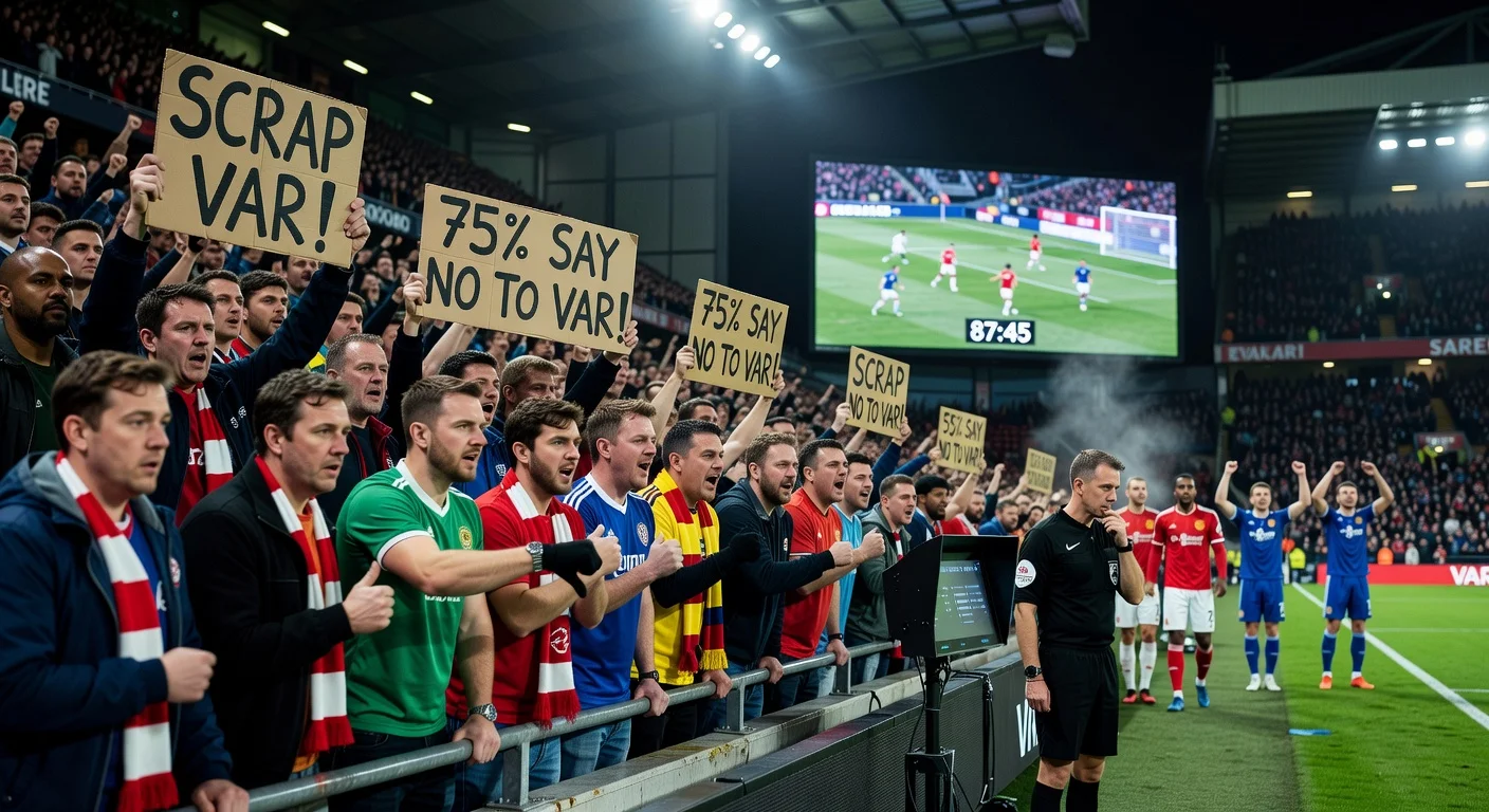 Frustrated Premier League fans protesting VAR in a packed stadium, with referee reviewing a decision on the pitch.