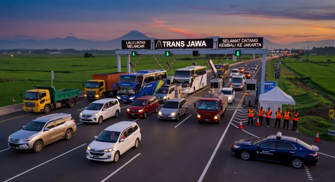Evening scene on Trans Java Toll Road showing easing Eid return traffic after one-way scheme closure, with spaced-out vehicles heading to Jakarta.