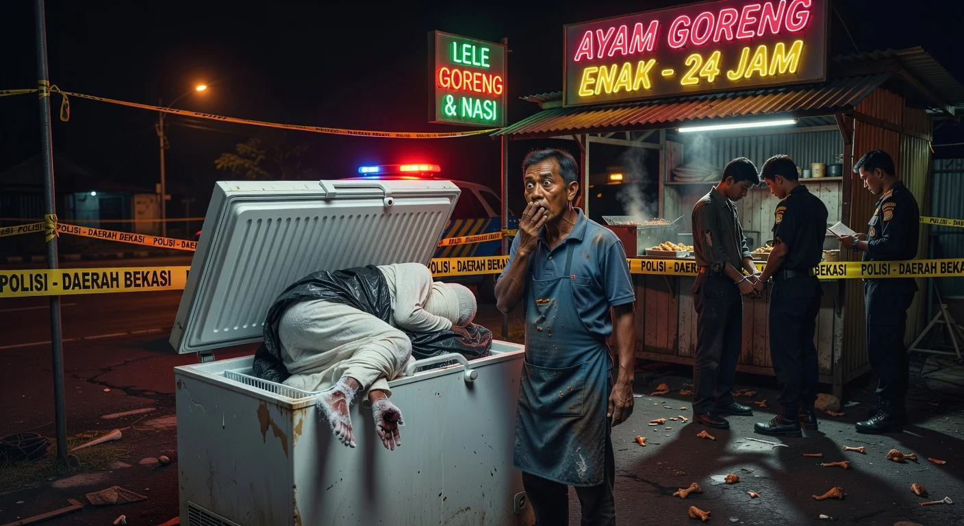Illustration of fried chicken stall owner discovering mutilated employee's body in freezer, with police arresting suspects in Bekasi.