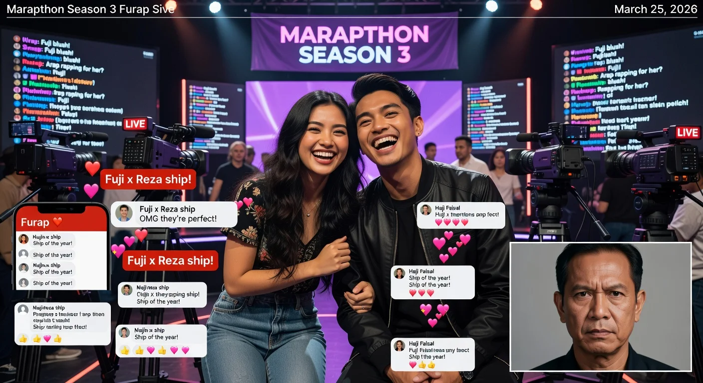 Viral 'Furap' moment: Fuji and Reza Arap laughing together on Marapthon live stream stage amid social media shipping frenzy.