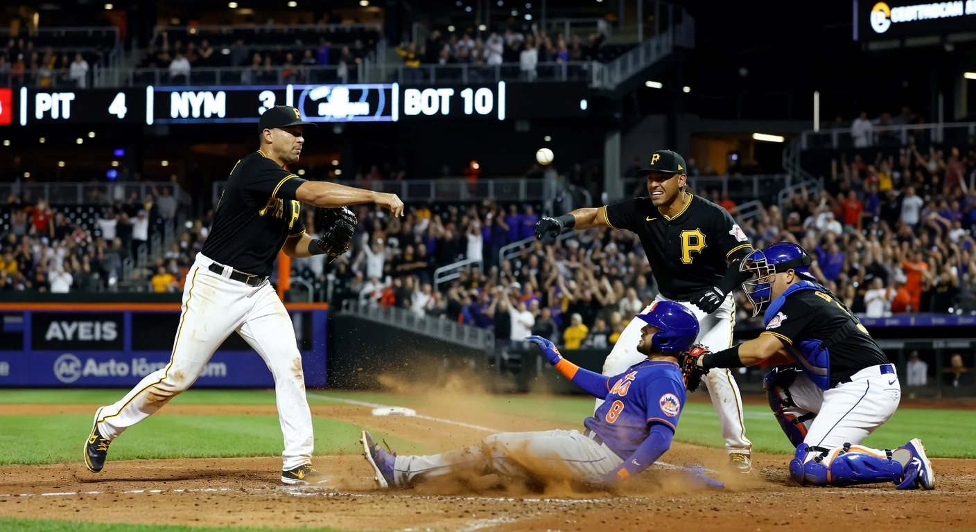 Pittsburgh Pirates' clutch relay throw tags out Mets runner at home plate to clinch 4-3 extra-innings win at Citi Field.