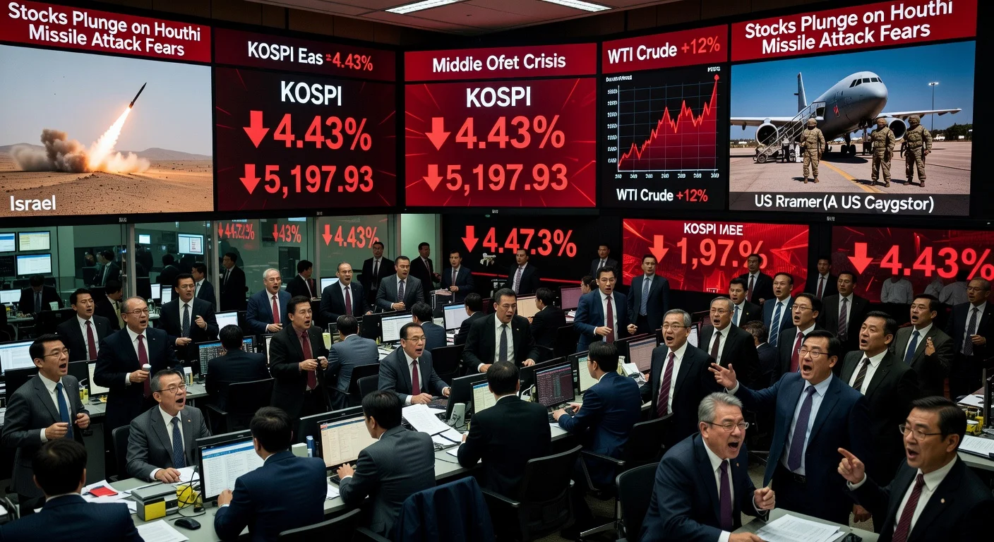 Illustration of panicked Seoul stock traders watching KOSPI plunge due to Middle East tensions.