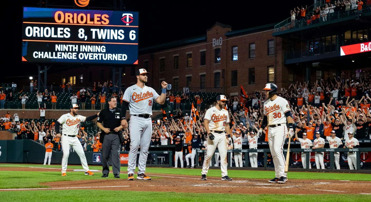 Dramatic ninth-inning scene from Orioles' 8-6 win over Twins, showing ABS challenge overturns and Twins manager ejection.