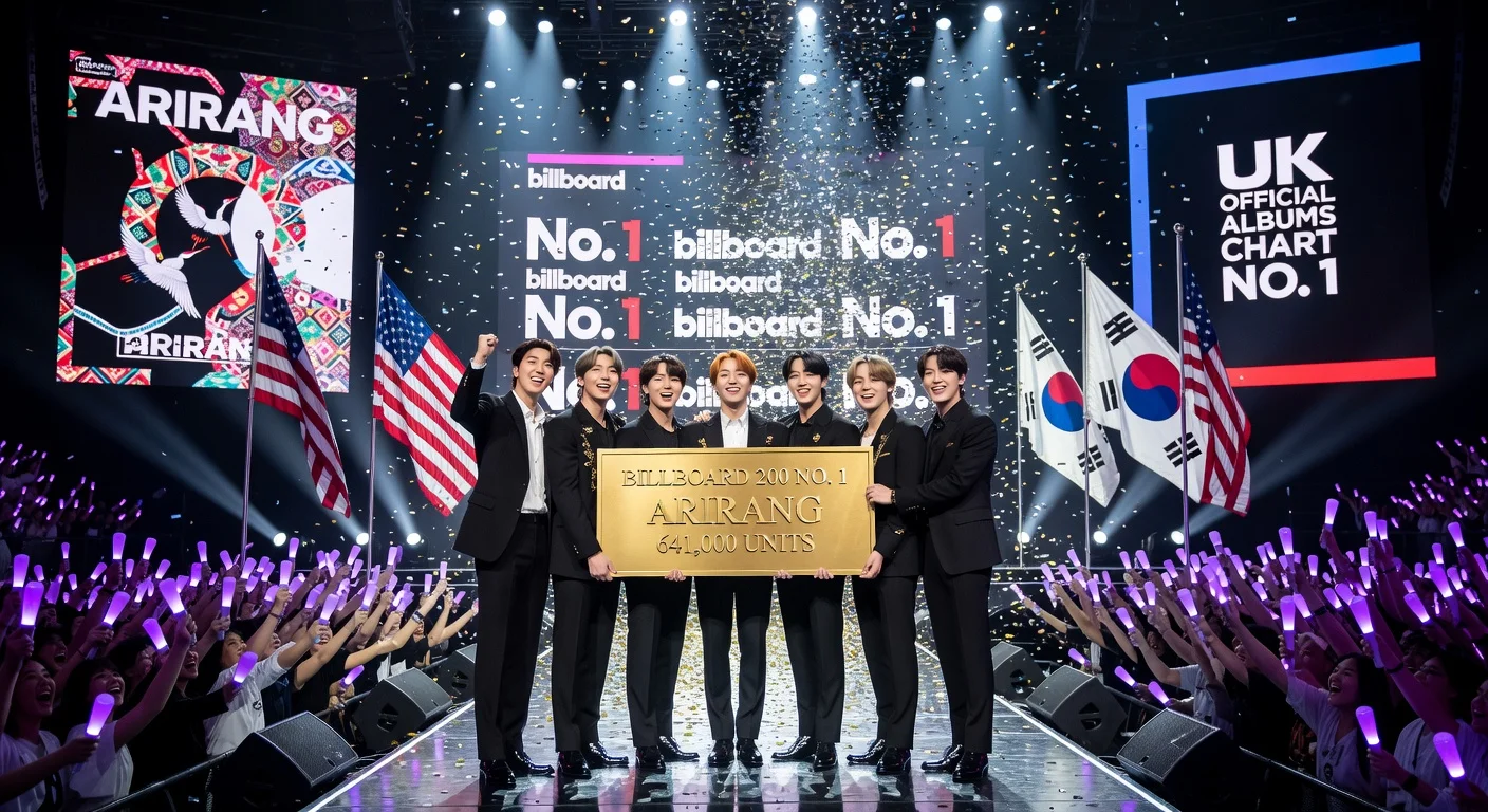 BTS members celebrating their album 'ARIRANG' No. 1 debut on Billboard 200 with 641,000 units, holding a plaque amid cheering fans.