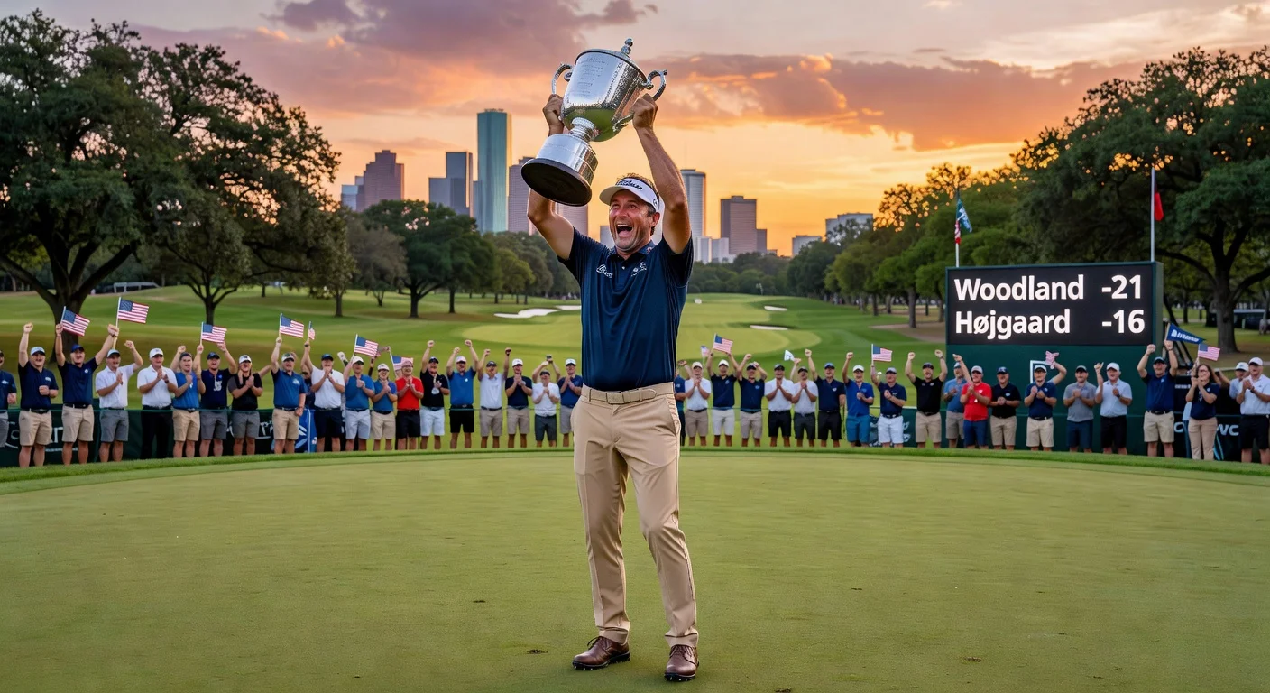 Gary Woodland celebrates record-breaking win at Houston Open, holding trophy amid fans on the 18th green.
