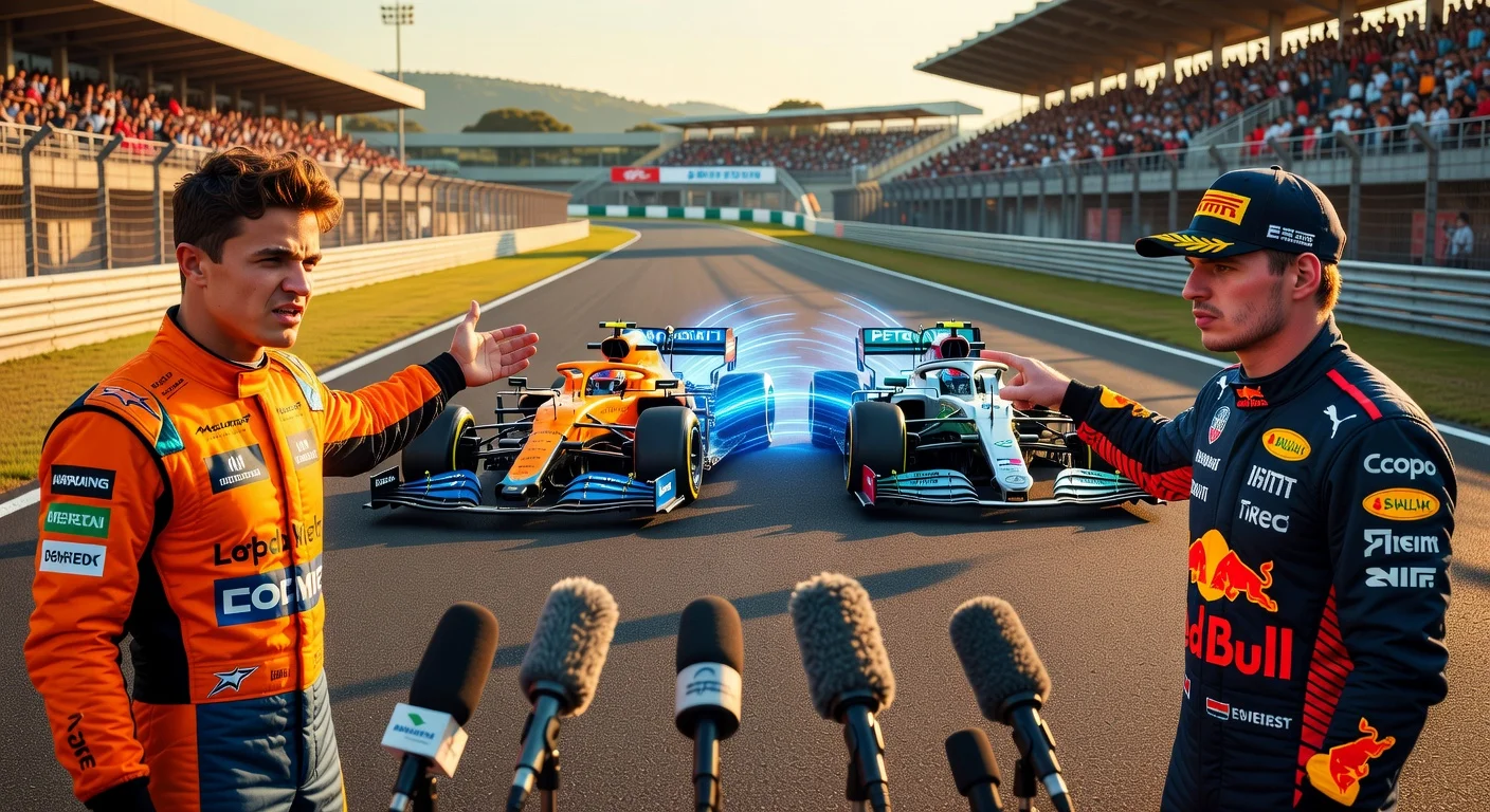 Lando Norris and Max Verstappen frustrated at Suzuka over F1 power unit regs, with symbolic battery overtake graphic.