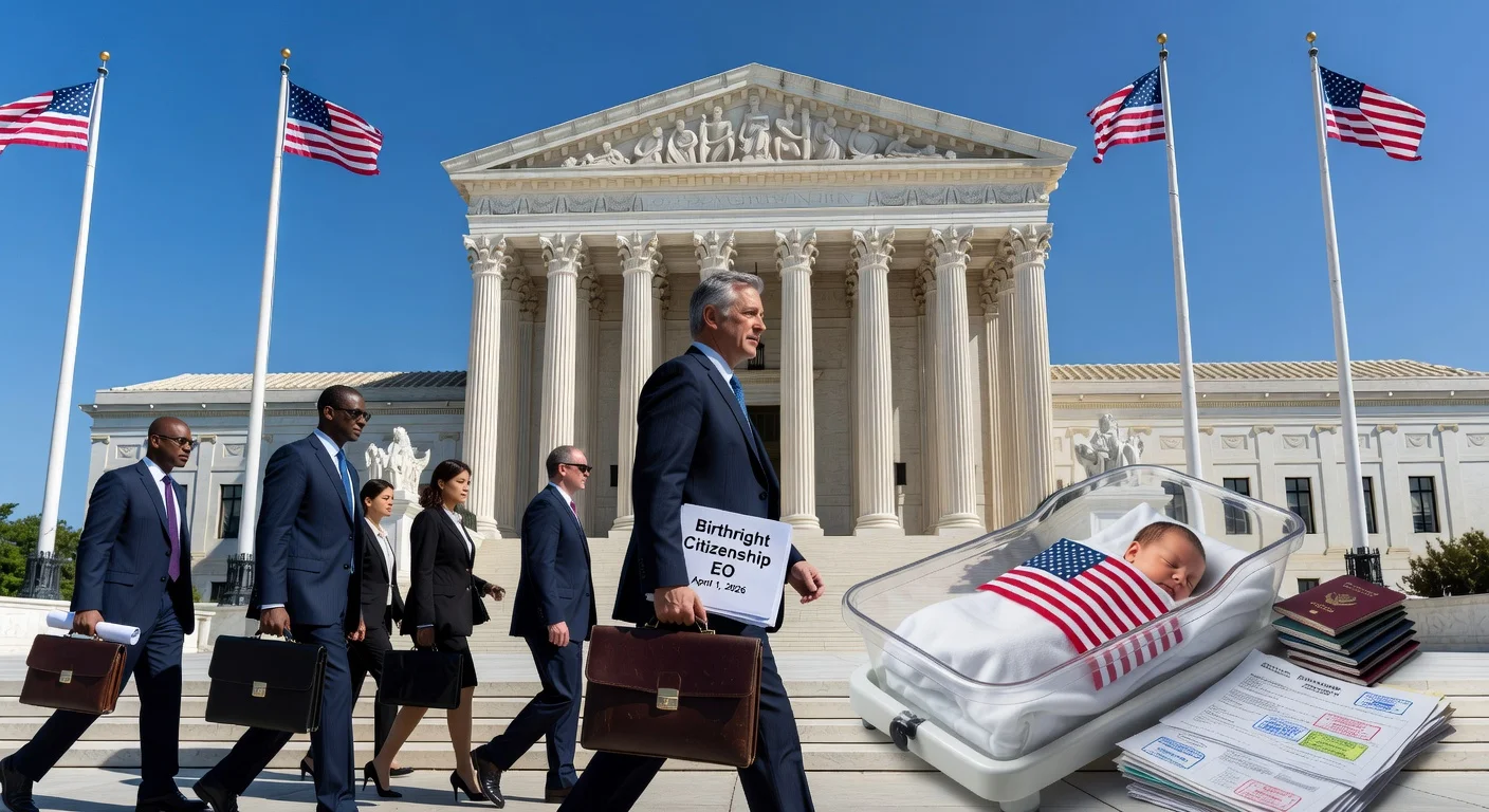 Supreme Court building with lawyers approaching steps and symbolic inset of baby with passports, depicting birthright citizenship hearing.