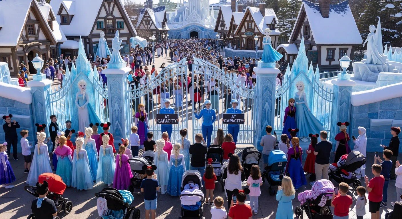 Crowds of Disney fans turned away at capacity from World of Frozen on opening day at Disney Adventure World in Disneyland Paris.