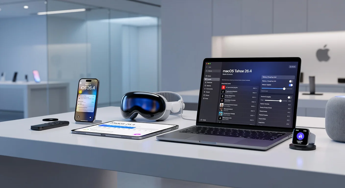 Illustration of Apple devices on a desk receiving iOS 26.4 and cross-platform updates, highlighting security fixes and new features like AI playlists.