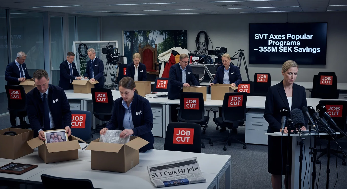 Illustration depicting SVT job cuts: employees packing desks amid empty offices, canceled program screens, and disappointed CEO at press conference.