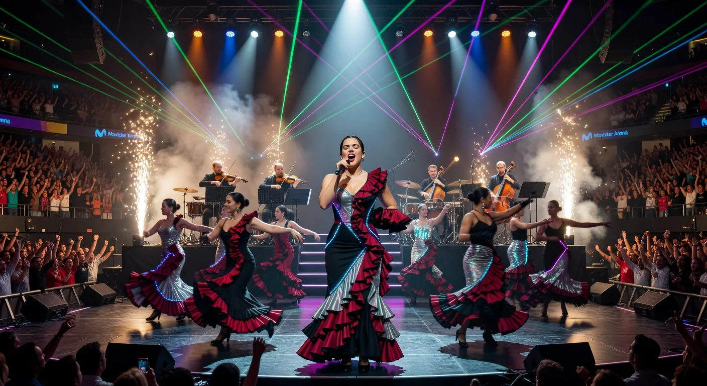 Rosalía performs triumphantly at Lux World Tour in Madrid's Movistar Arena, with dancers, orchestra, and ecstatic crowd.