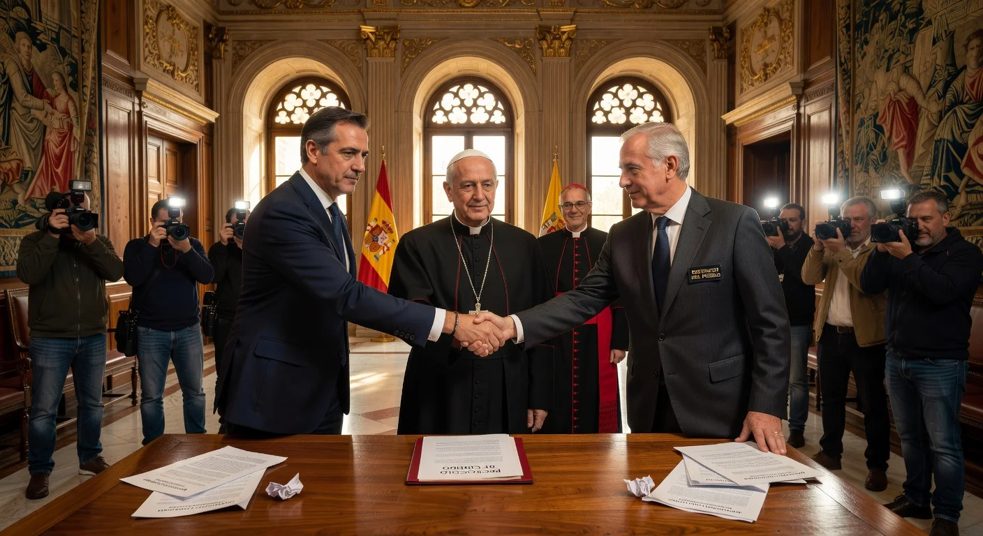 Signing ceremony of Spanish Church abuse compensation deal mediated by Vatican, featuring government, Episcopal Conference, and Ombudsman representatives.