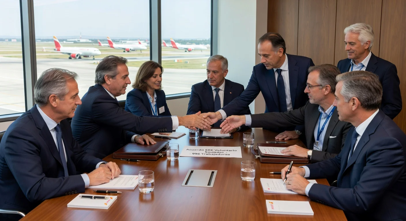 Iberia executives and union leaders sign voluntary redundancy deal for 996 workers, with airport view in background.